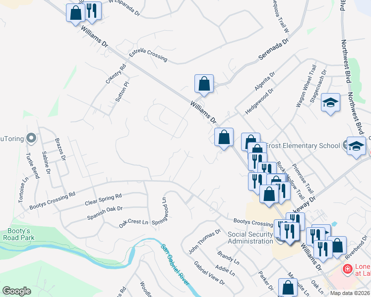 map of restaurants, bars, coffee shops, grocery stores, and more near 304 Axis Loop in Georgetown