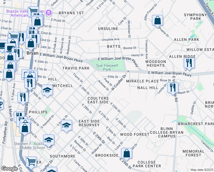 map of restaurants, bars, coffee shops, grocery stores, and more near 1412 Park Street in Bryan