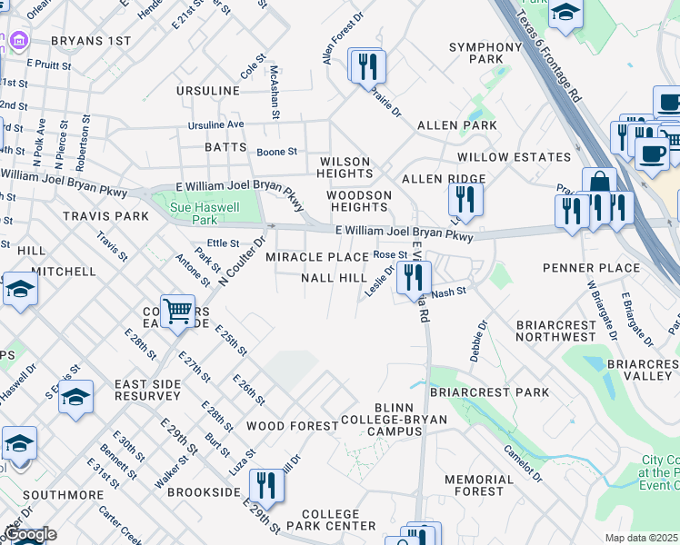 map of restaurants, bars, coffee shops, grocery stores, and more near 402 Emmett Street in Bryan