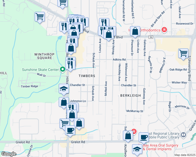 map of restaurants, bars, coffee shops, grocery stores, and more near 954 Louise Avenue in Mobile