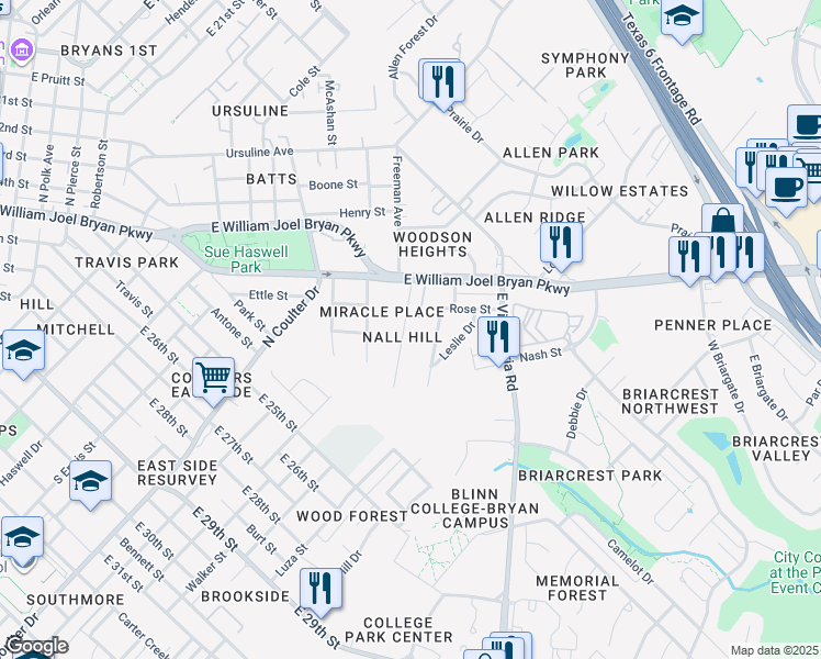 map of restaurants, bars, coffee shops, grocery stores, and more near 308-400 Emmett Street in Bryan