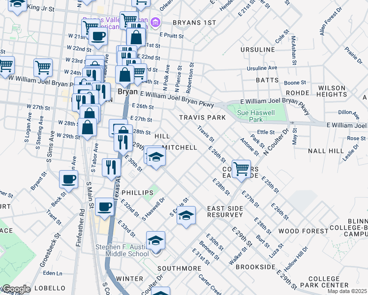 map of restaurants, bars, coffee shops, grocery stores, and more near 814 Banks Street in Bryan