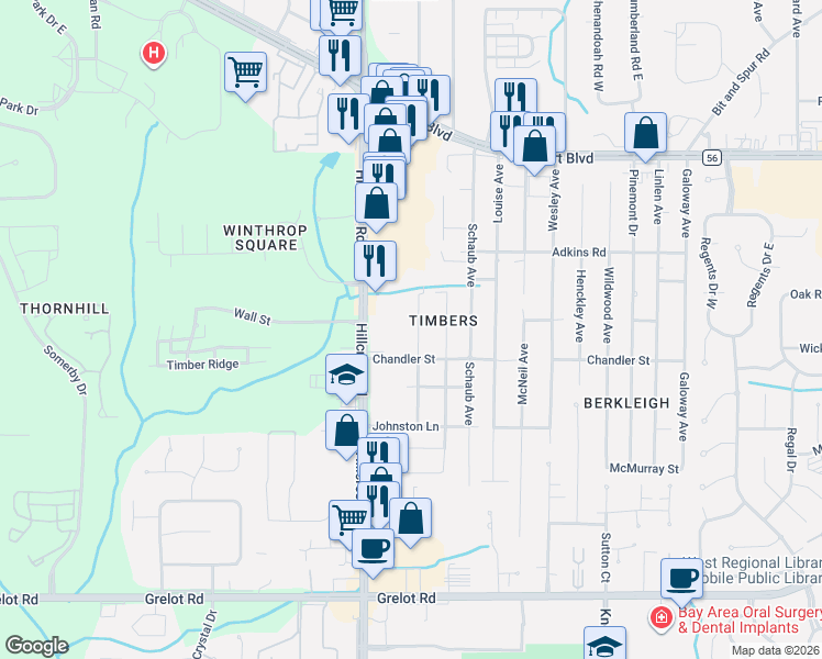 map of restaurants, bars, coffee shops, grocery stores, and more near 951 Hillcrest Road in Mobile