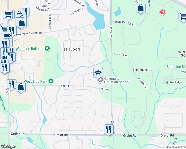 map of restaurants, bars, coffee shops, grocery stores, and more near 7211 Lakewood Road in Mobile