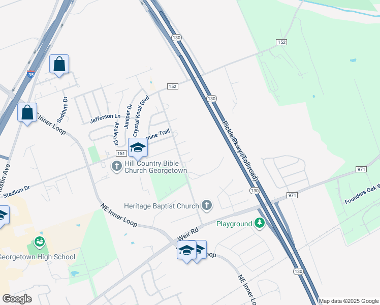 map of restaurants, bars, coffee shops, grocery stores, and more near 1043 Trail Driver Cove in Georgetown