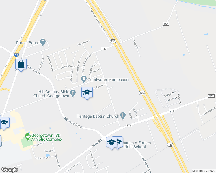 map of restaurants, bars, coffee shops, grocery stores, and more near 1017 Trail Driver Cove in Georgetown