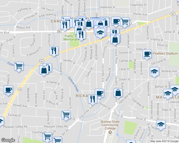 map of restaurants, bars, coffee shops, grocery stores, and more near 2165 Senator Street in Mobile