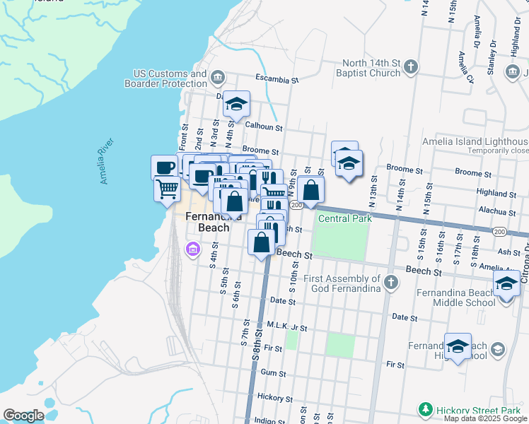 map of restaurants, bars, coffee shops, grocery stores, and more near 14 South 7th Street in Fernandina Beach