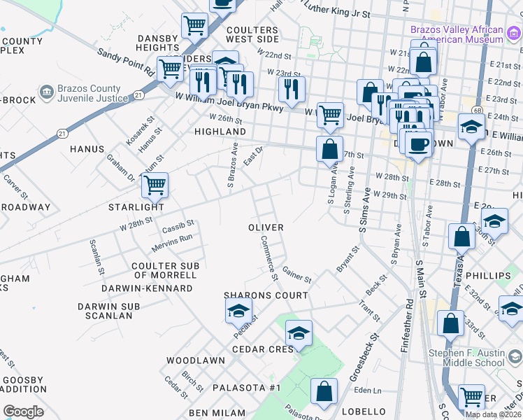 map of restaurants, bars, coffee shops, grocery stores, and more near 604 Holt Street in Bryan