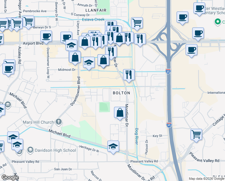 map of restaurants, bars, coffee shops, grocery stores, and more near 3701 Carlyle Close in Mobile