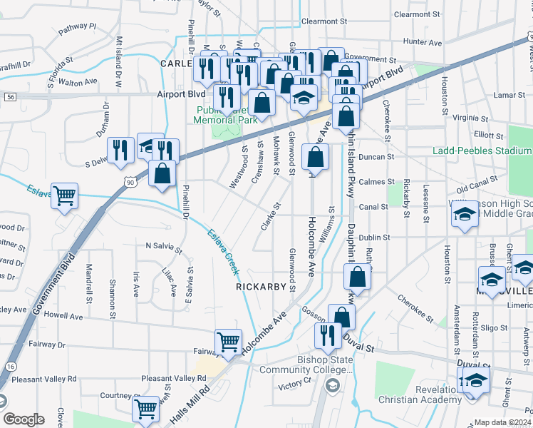 map of restaurants, bars, coffee shops, grocery stores, and more near 601 Mohawk Street in Mobile