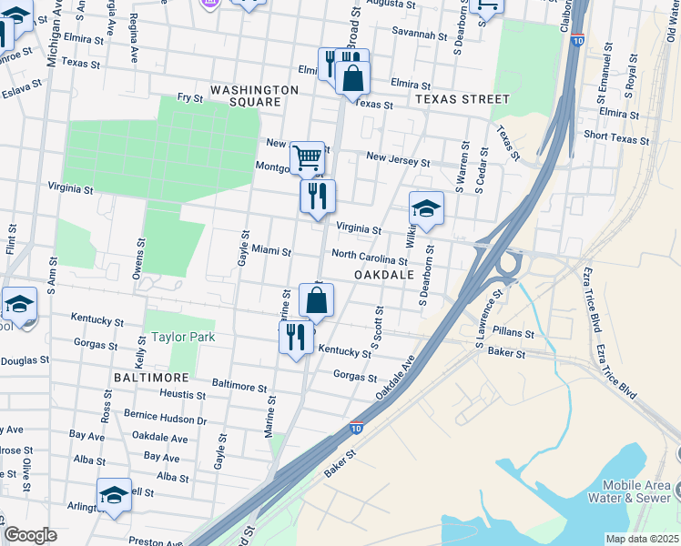 map of restaurants, bars, coffee shops, grocery stores, and more near 810 South Carolina Street in Mobile