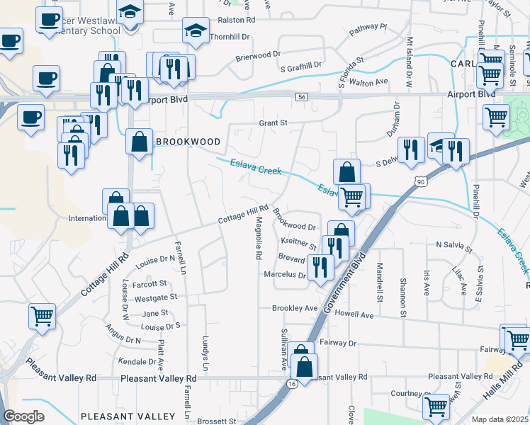map of restaurants, bars, coffee shops, grocery stores, and more near 2825 Cottage Hill Road in Mobile