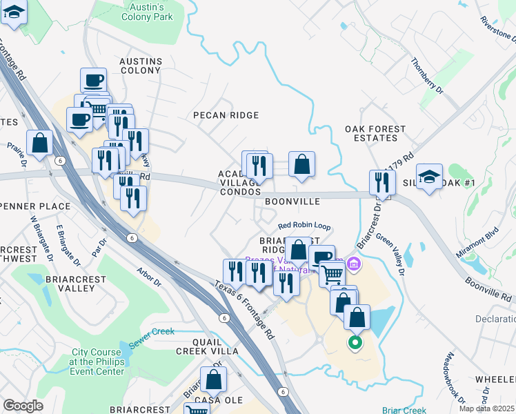 map of restaurants, bars, coffee shops, grocery stores, and more near 2700 Wildflower Drive in Bryan