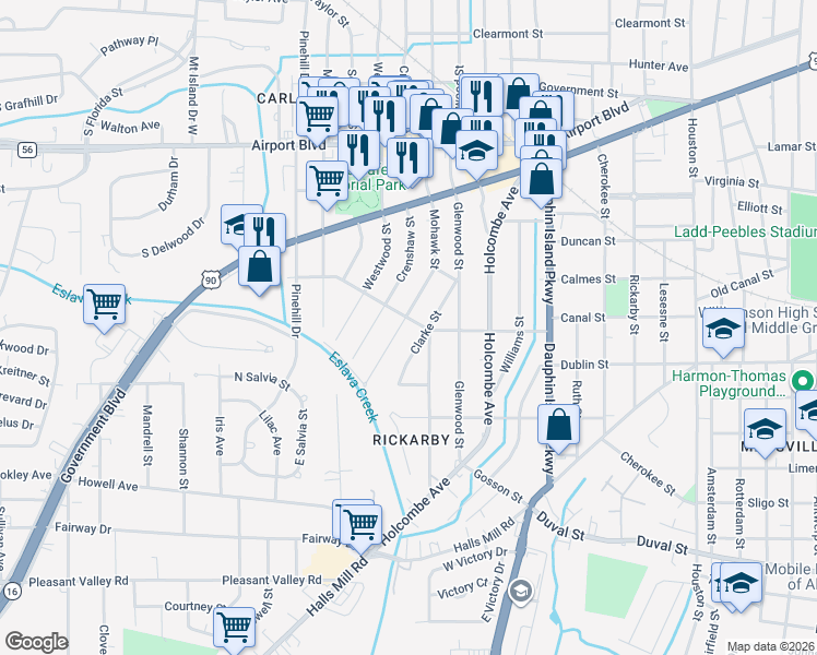 map of restaurants, bars, coffee shops, grocery stores, and more near 574 Clarke Street in Mobile