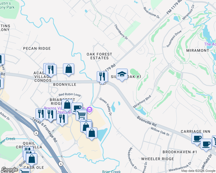 map of restaurants, bars, coffee shops, grocery stores, and more near 3210 Boonville Rd in Bryan