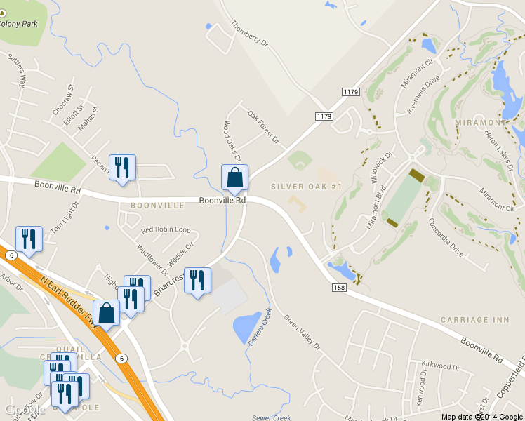 map of restaurants, bars, coffee shops, grocery stores, and more near 3210 Boonville Road in Bryan