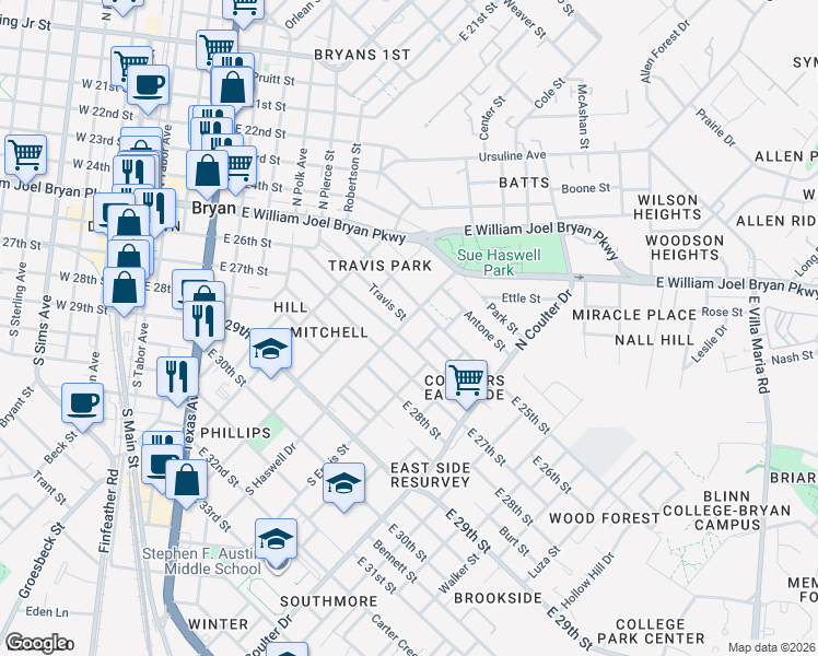 map of restaurants, bars, coffee shops, grocery stores, and more near 1014 East 26th Street in Bryan