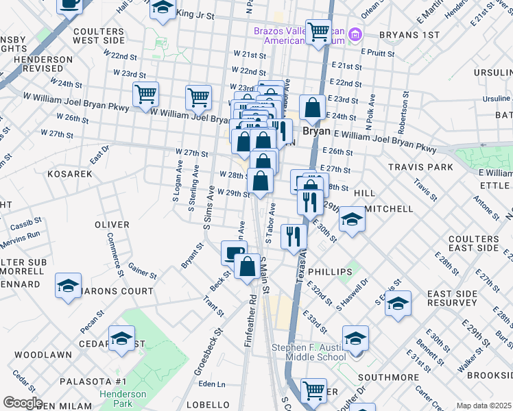 map of restaurants, bars, coffee shops, grocery stores, and more near 501 South Main Street in Bryan
