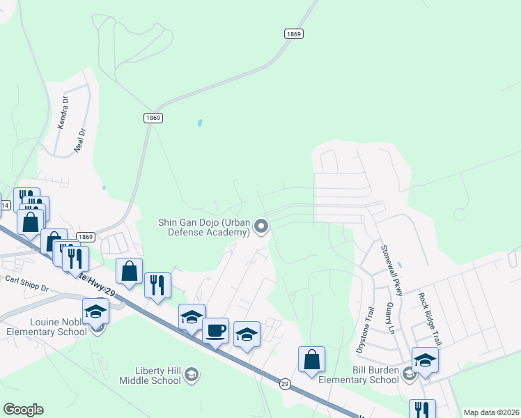 map of restaurants, bars, coffee shops, grocery stores, and more near 141 Jonathan Drive in Liberty Hill