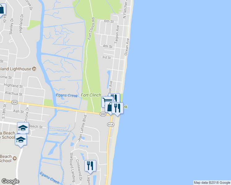 map of restaurants, bars, coffee shops, grocery stores, and more near 301 North Fletcher Avenue in Fernandina Beach