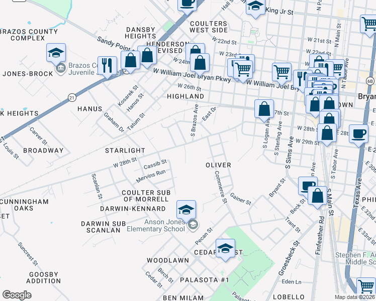map of restaurants, bars, coffee shops, grocery stores, and more near 1025 West 28th Street in Bryan