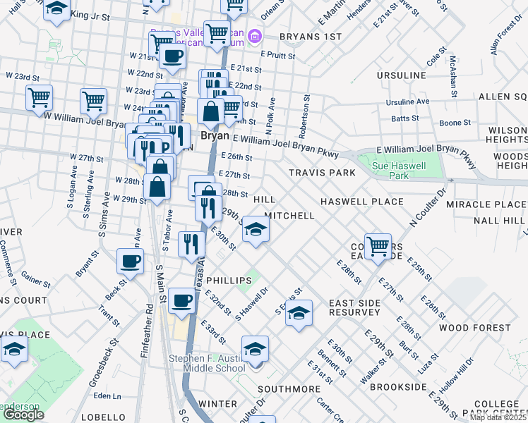 map of restaurants, bars, coffee shops, grocery stores, and more near in Bryan