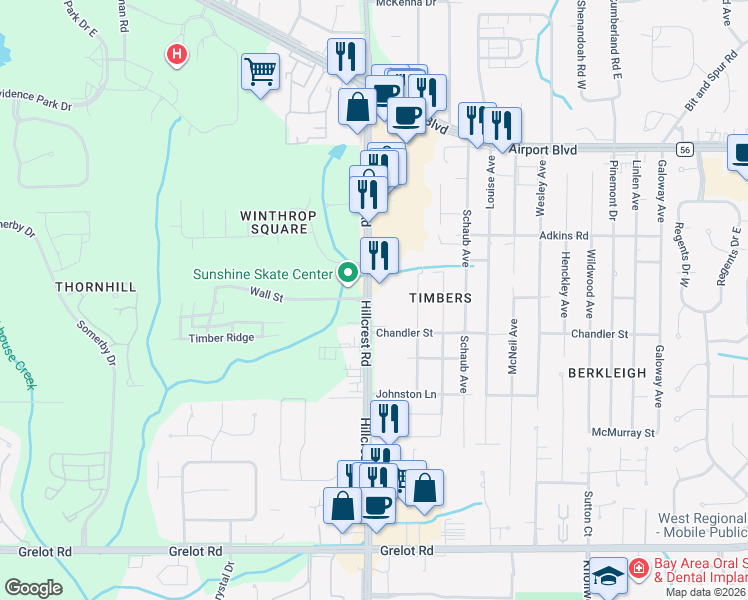 map of restaurants, bars, coffee shops, grocery stores, and more near 917 Hillcrest Road in Mobile