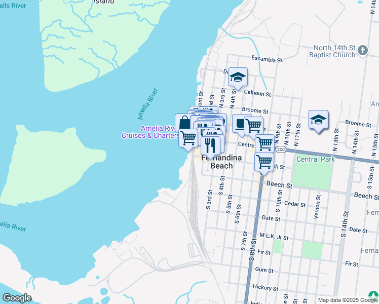 map of restaurants, bars, coffee shops, grocery stores, and more near 235 South Front Street in Fernandina Beach