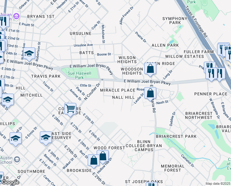 map of restaurants, bars, coffee shops, grocery stores, and more near 407 June Street in Bryan