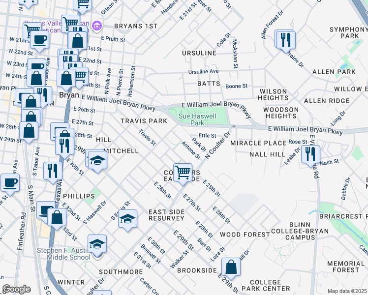 map of restaurants, bars, coffee shops, grocery stores, and more near 1305 Antone St in Bryan