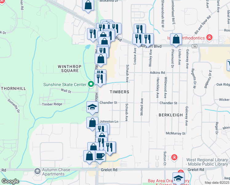 map of restaurants, bars, coffee shops, grocery stores, and more near 953 Dickenson Avenue in Mobile
