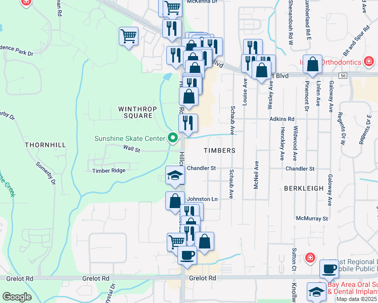 map of restaurants, bars, coffee shops, grocery stores, and more near 951 Hillcrest Road in Mobile