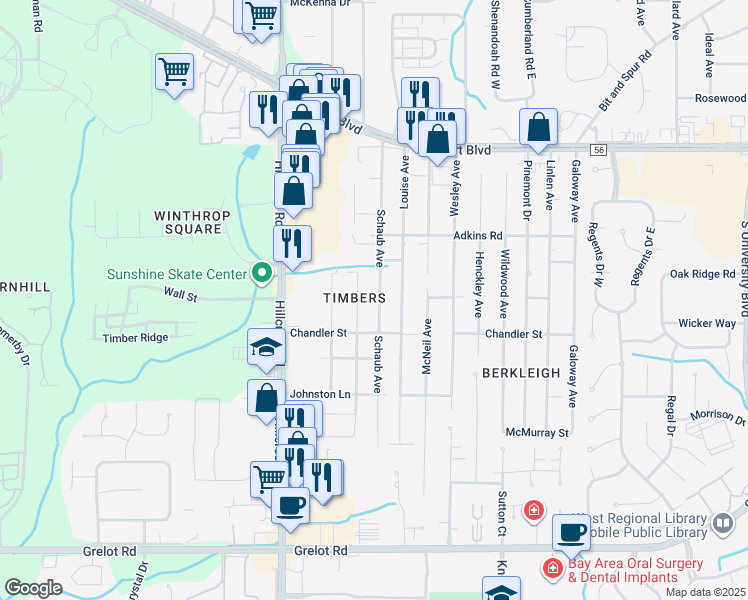 map of restaurants, bars, coffee shops, grocery stores, and more near 950 Schaub Avenue in Mobile