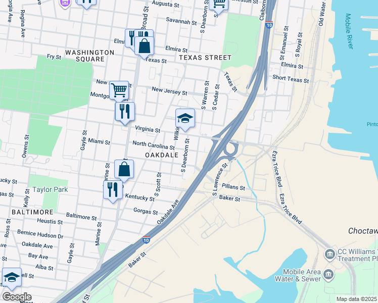 map of restaurants, bars, coffee shops, grocery stores, and more near 609 North Carolina Street in Mobile