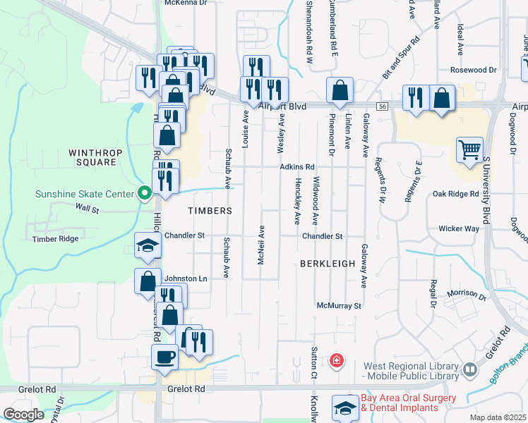 map of restaurants, bars, coffee shops, grocery stores, and more near 95 Hofner Street in Mobile