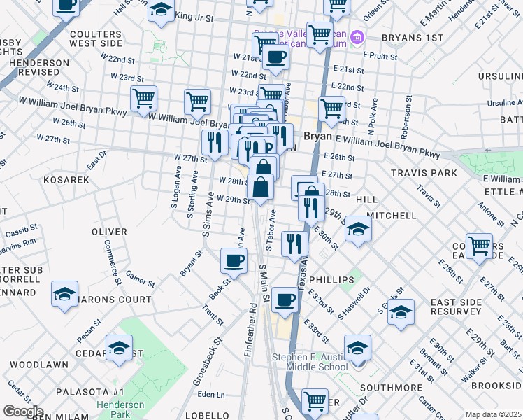 map of restaurants, bars, coffee shops, grocery stores, and more near 401 South Main Street in Bryan