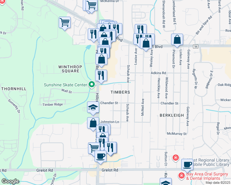 map of restaurants, bars, coffee shops, grocery stores, and more near 953 Dickenson Avenue in Mobile
