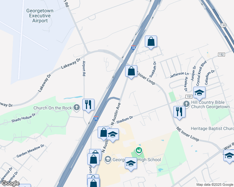 map of restaurants, bars, coffee shops, grocery stores, and more near 2662-2898 North Austin Avenue in Georgetown