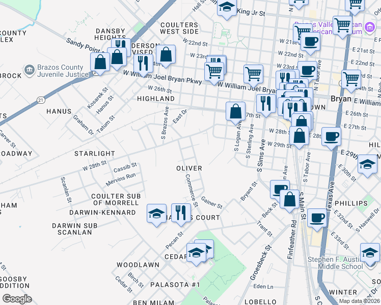 map of restaurants, bars, coffee shops, grocery stores, and more near 604 Holt St in Bryan
