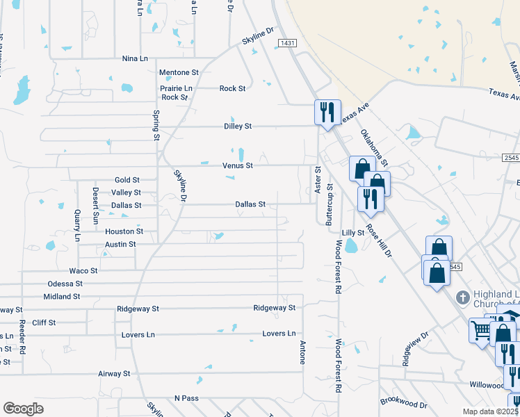 map of restaurants, bars, coffee shops, grocery stores, and more near 911 Dallas Street in Kingsland