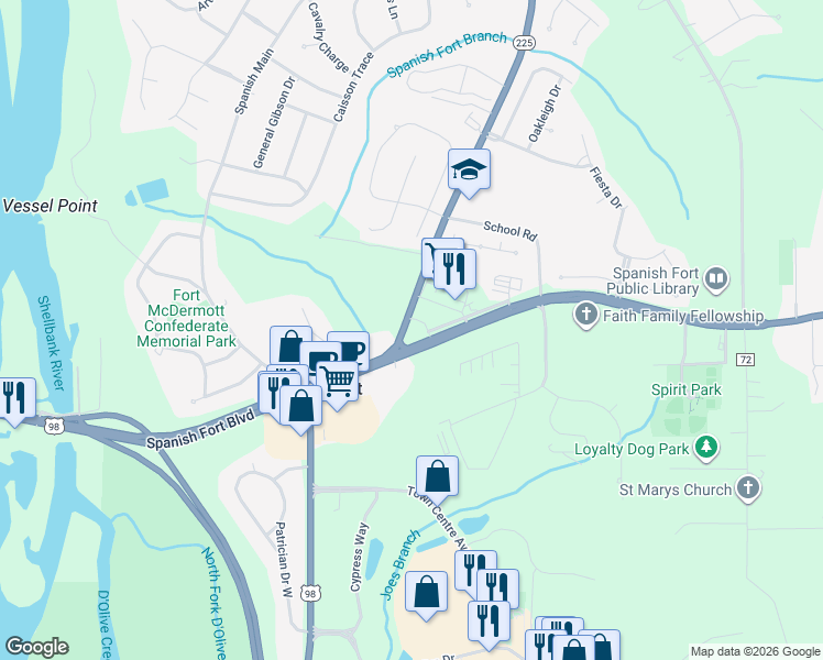 map of restaurants, bars, coffee shops, grocery stores, and more near 30585 Highway 225 in Spanish Fort