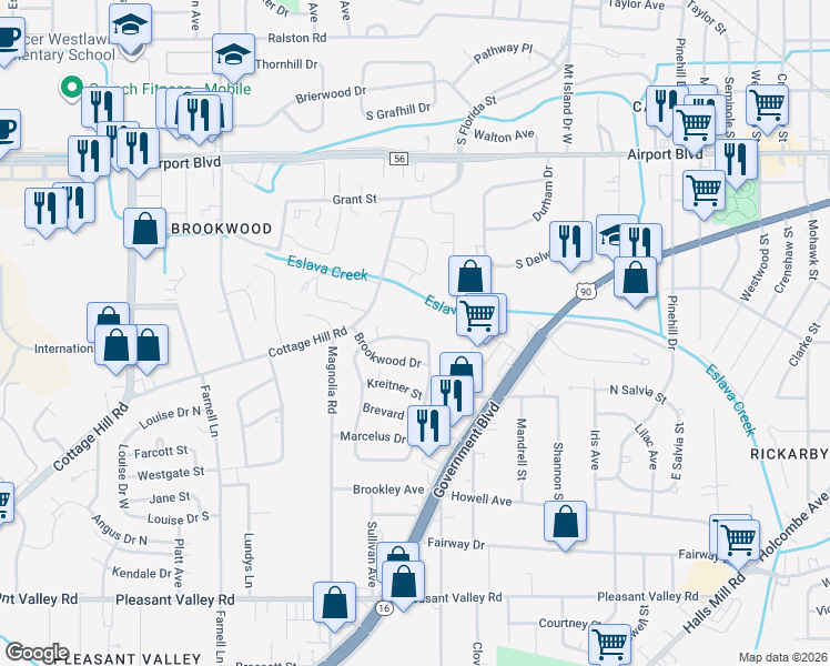 map of restaurants, bars, coffee shops, grocery stores, and more near 2756 North Barksdale Drive in Mobile