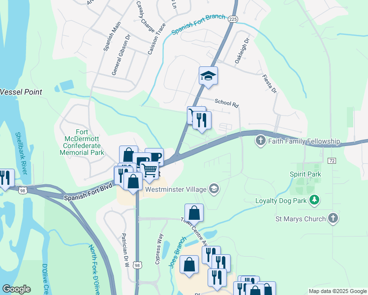 map of restaurants, bars, coffee shops, grocery stores, and more near 500 Spanish Fort Boulevard in Spanish Fort