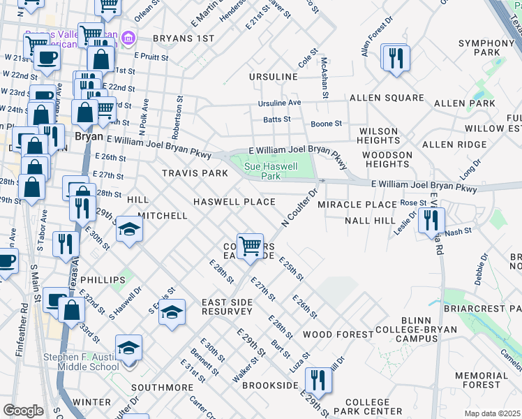 map of restaurants, bars, coffee shops, grocery stores, and more near 1310 Antone Street in Bryan