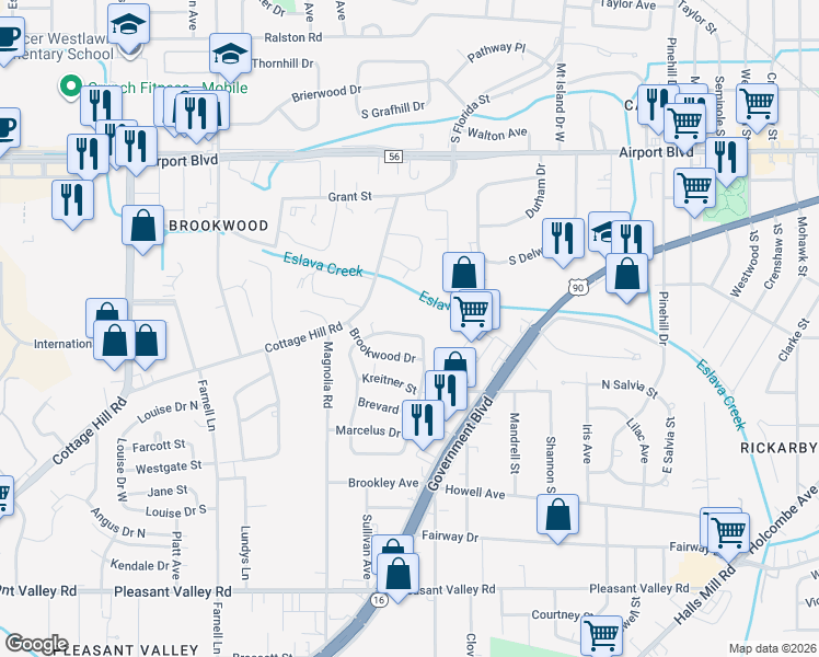 map of restaurants, bars, coffee shops, grocery stores, and more near 2756 North Barksdale Drive in Mobile