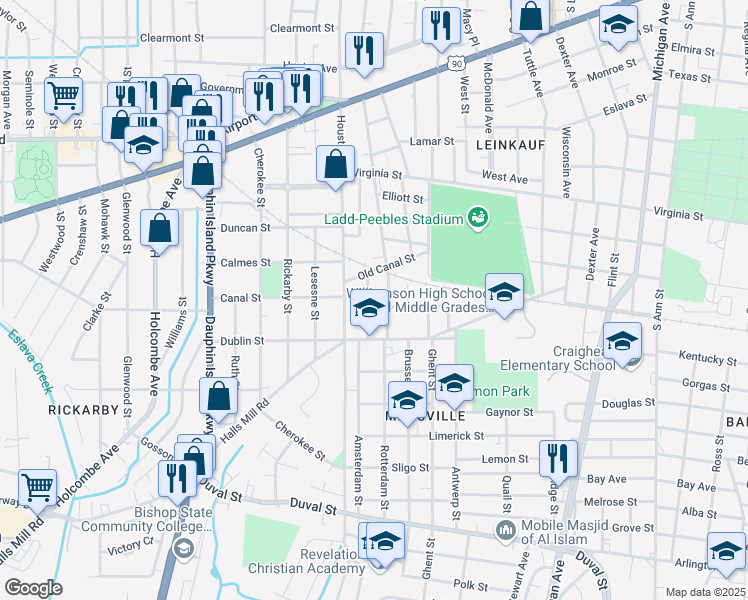 map of restaurants, bars, coffee shops, grocery stores, and more near 927 Sunset Avenue in Mobile