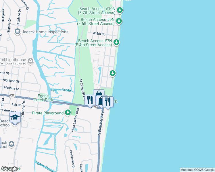 map of restaurants, bars, coffee shops, grocery stores, and more near 335 Ocean Avenue in Fernandina Beach