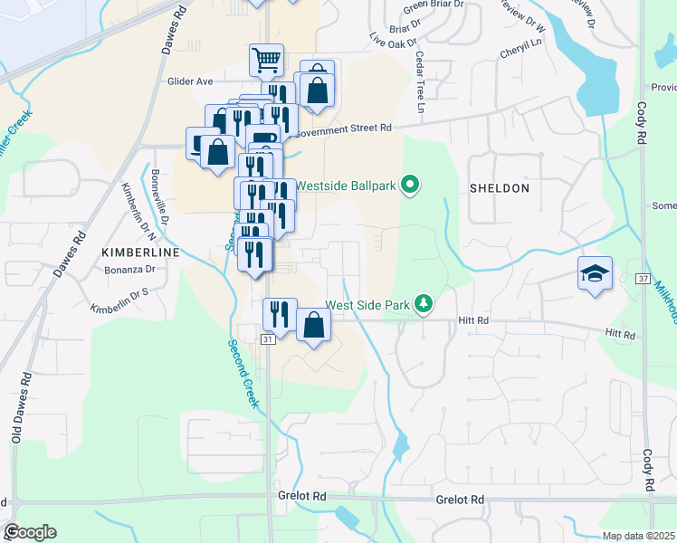 map of restaurants, bars, coffee shops, grocery stores, and more near 945 Schillinger Road South in Mobile