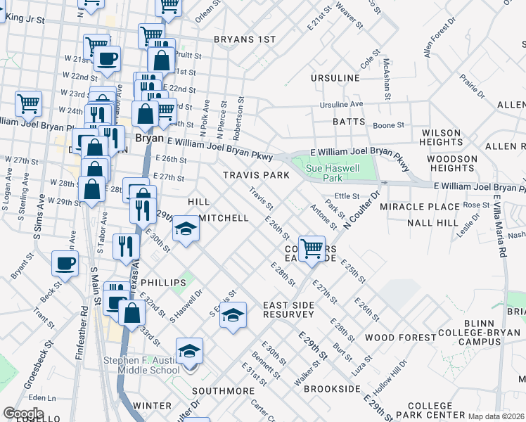 map of restaurants, bars, coffee shops, grocery stores, and more near 1014 E 26th St in Bryan